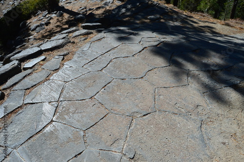 Basalt columns resembling a geometric tile floor in the forest at Devils Postpile National Monument in Mammoth Lakes, California. 