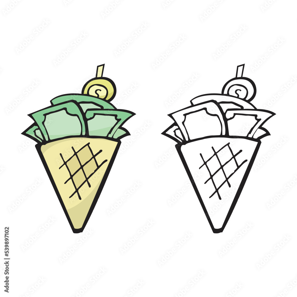money ice cream cartoon object, vector doodle art
