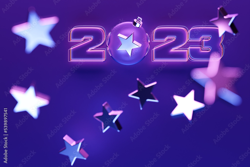 3d illustration of cartoon happy new year 2023 greeting card: new year banner with decor and gifts, 3d illustration of cartoon happy new year 2023 greeting card: new year banner with decor and gifts,