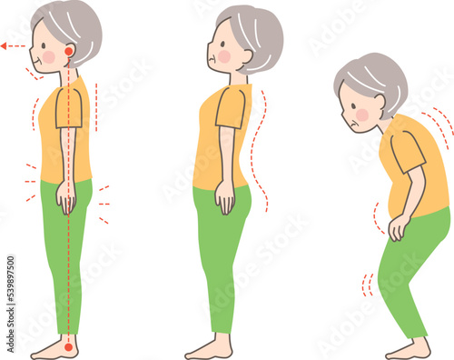 シニア女性の正しい姿勢の見本（横向き）