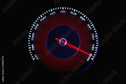 3D illustration close up black speedometer with cutoffs 2022,2023. The concept of the new year and Christmas in the automotive field. Counting months, time until the new year.