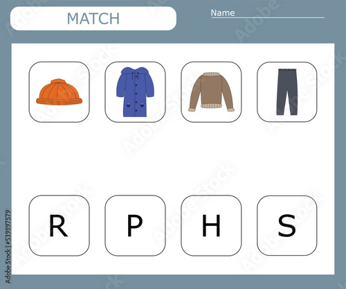 Find the first letter and match with the picture, a game for kids to learn the alphabet. 