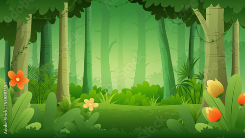 Cute summer deep forest Cartoon Landscape with trees,bush and flowers Illustration
