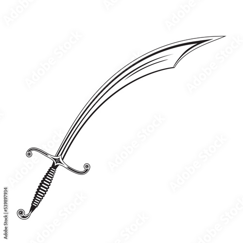 Arabic or Turkish saber of medieval warriors monochrome in vector on a white isolated background