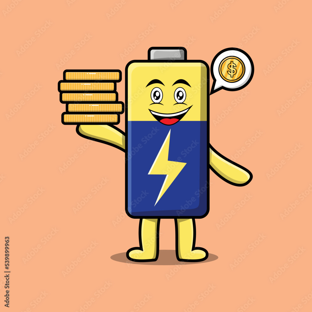 Cute cartoon Battery character holding in stacked gold coin vector illustration