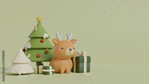 Christmas tree with raindeer and gift box on winter season. Christmas and new year background concept. 3d illustration. photo