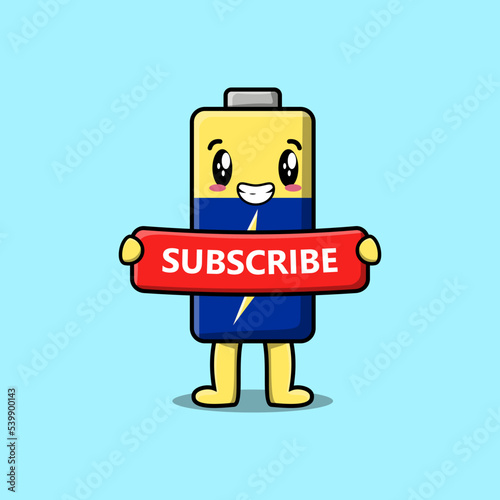 Cute cartoon Battery character holding red subscribe board