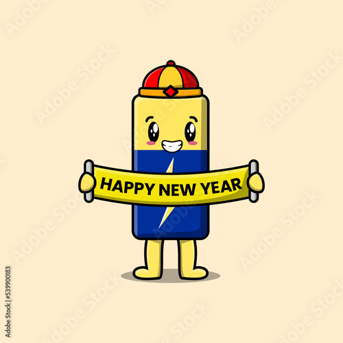 Cute cartoon Battery chinese character holding happy new year board illustration