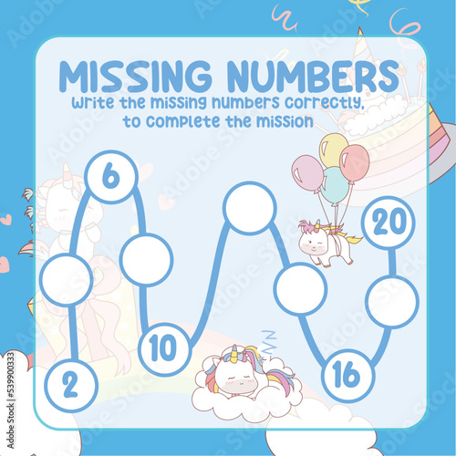 Math worksheet for kids ready to print file. Counting exercise for children kawaii unicorn. Write the missing number correctly. 
