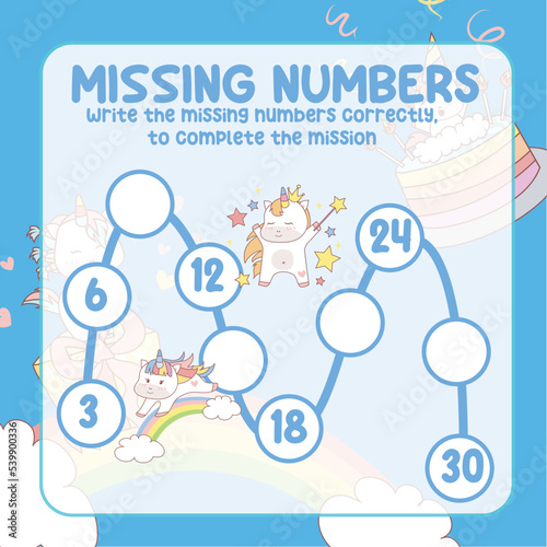 Math worksheet for kids ready to print file. Counting exercise for children kawaii unicorn. Write the missing number correctly. 