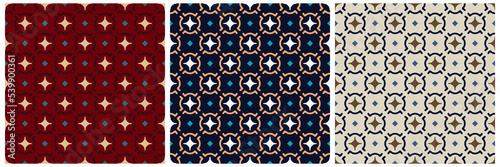 Modern geometric patterns collection seamless backgrounds set abstract round tiles motif. Blue, white, beige, gold, green, red colors palette.