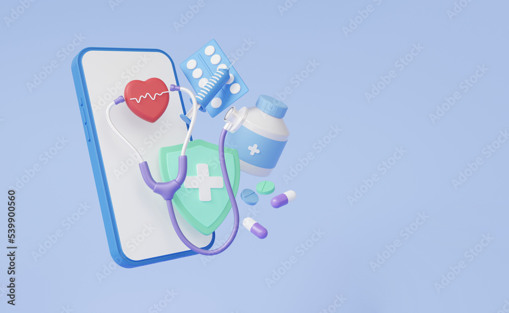 Healthcare online on app mobile phone Stethoscope diagnosis protection insurance report information service vaccine with health checkup heartbeat drug medical doctor concept. 3d rendering Healthcare online on app mobile phone Stethoscope diagnosis protection insurance report information service vaccine with health checkup heartbeat drug medical doctor concept. 3d rendering