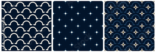 Modern geometric patterns collection seamless scallop motifs backgrounds set abstract round scales shapes, diamonds motif. Blue, white, gold colors palette.