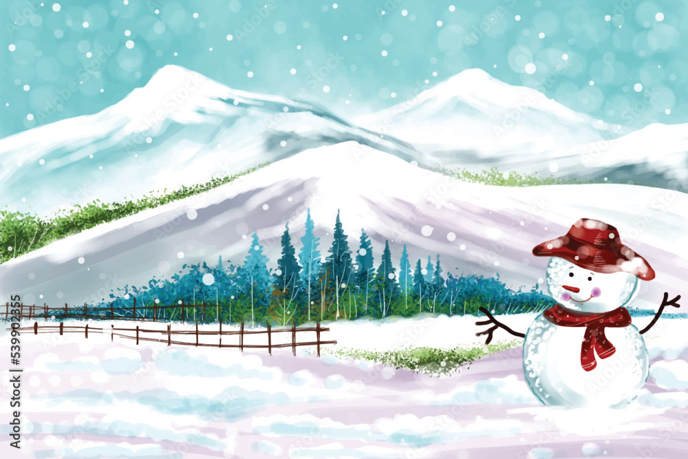 Fototapeta premium New year and christmas tree winter landscape background with snowman card design