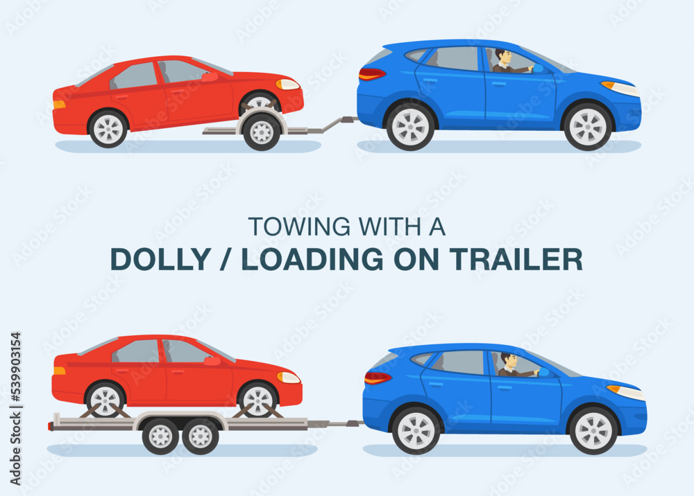 Driving a car. Towing an open car hauler trailer with vehicle on it. Side view of a red sedan car and blue suv car. Types of trailers. Flat vector illustration template.