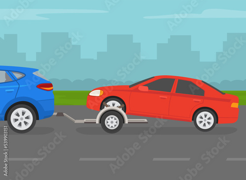 Fototapeta Naklejka Na Ścianę i Meble -  Driving a car. Towing a broken down car on dolly trailer. Side view of a red sedan car on a city road. Flat vector illustration template.