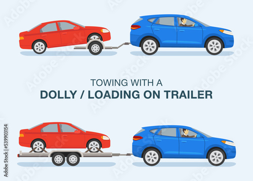 Driving a car. Towing an open car hauler trailer with vehicle on it. Side view of a red sedan car and blue suv car. Types of trailers. Flat vector illustration template.