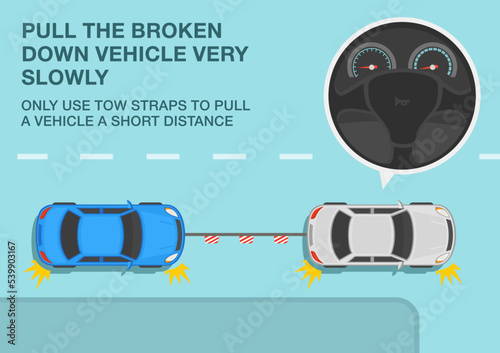 Safe driving tips. Rules for towing vehicles. White car towing a broken down blue car on a flexible hitch. Pull the broken down vehicle very slowly. Flat vector illustration template.