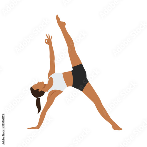 Woman doing Side plank with leg lift exercise. Flat vector illustration isolated on white background