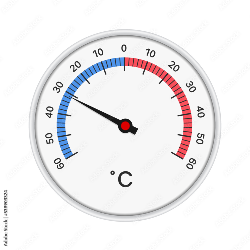 Realistic illustration of a round thermometer with a white plastic circular frame - vector Realistic illustration of a round thermometer with a white plastic circular frame - vector