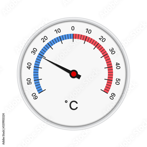 Realistic illustration of a round thermometer with a white plastic circular frame  - vector