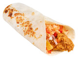 Breakfast burritos with chicken and tomato in a tortilla wrap on white background, Breakfast Wrap isolated on white PNG File.