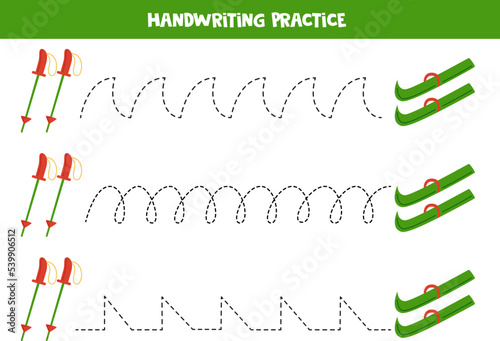 Tracing lines for kids. Ski and ski poles. Writing practice.