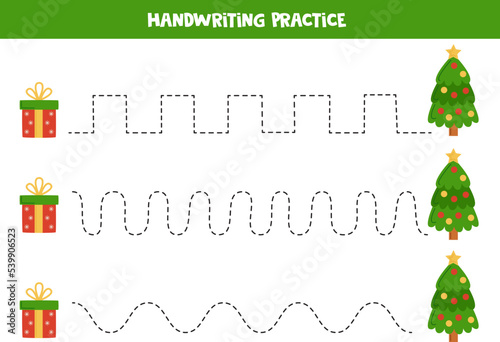 Tracing lines for kids. Christmas tree and gift box. Writing practice.