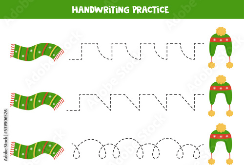 Tracing lines for kids. Christmas scarf and hat. Writing practice.