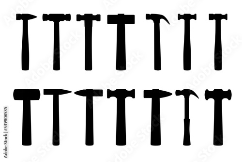 A set of hammers. Sledgehammer, mallet, small hammer, big hammer. Silhouette of the hammers.
