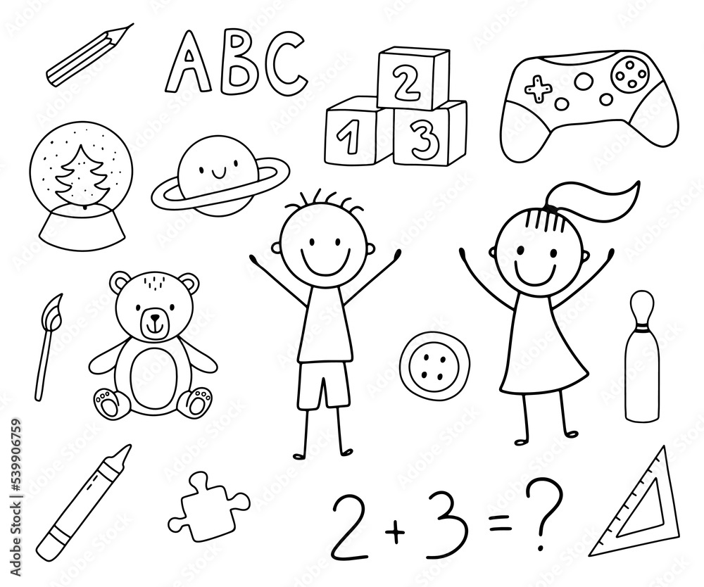 Set of cute doodle sketches on theme of childhood and toys. Boy, girl, joystick, pencils and bear. Line vector illustration isolated on white background Set of cute doodle sketches on theme of childhood and toys. Boy, girl, joystick, pencils and bear. Line vector illustration isolated on white background