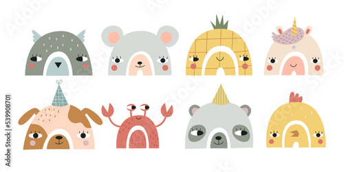 A collection of cute rainbows with animal faces. Vector illustration