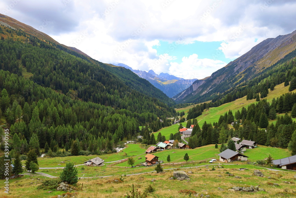 Sertig valley hiking trail leading from Bergün to Ravais lakes in Swiss Alps, Switzerland