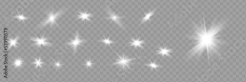 Glow isolated white transparent light effect set  lens flare  explosion  glitter  line  sun flash  spark and stars. Abstract special effect element design.