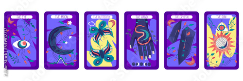Tarot card set magic celestial design. Mystic moon vector illustration. Hand drawn vector illustration. Esoteric boho tarot card with hand, butterfly, hand, sun and moon