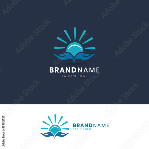 Hand Worship With Sun Ray Logo Vector, With Blue Background.
