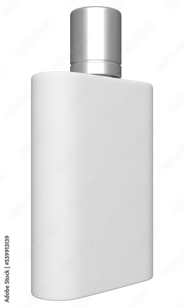 White bottle perspective view mockup. Transparent perfume bottle mockup. White cosmetic bottle PNG. Product mockup. White can mockup. Product on white background. 3D PNG rendering.