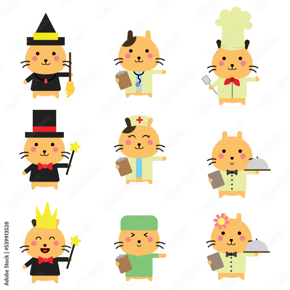 	
cute cat mascot. chef cat, doctor cat, magician cat and king, cook, waiter, chef, orange
