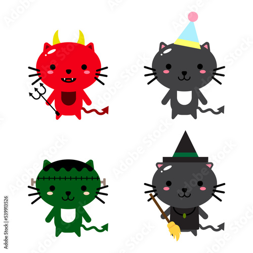 Fototapeta Naklejka Na Ścianę i Meble -  Happy Halloween - vector set of cats in monster costumes, Halloween party. Vector illustration, banner