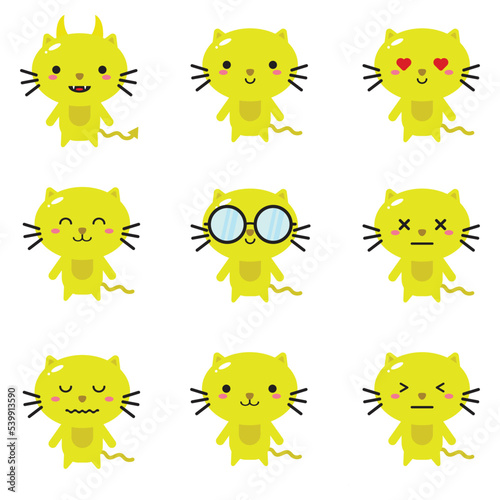 Yellow cat face. Isolated flat kitten emotional animal sticker. cute emoji character clipart. Cute pet head vector collection