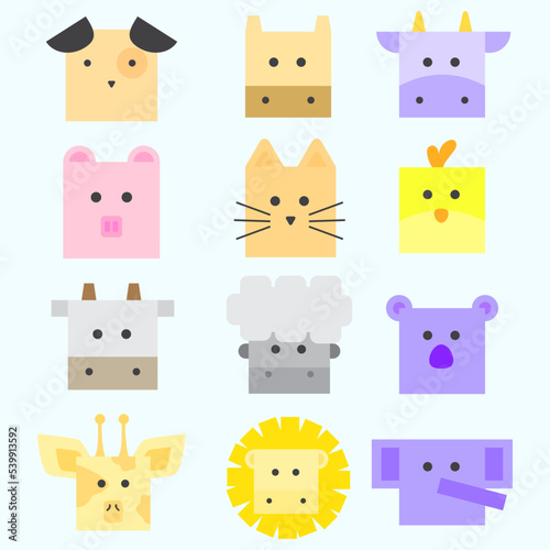Fototapeta Naklejka Na Ścianę i Meble -  animal face mascot with box shape. there are dogs, pigs, cows, giraffes, tigers, elephants, cats. vector illustrations with concepts for animals, farms and pets 