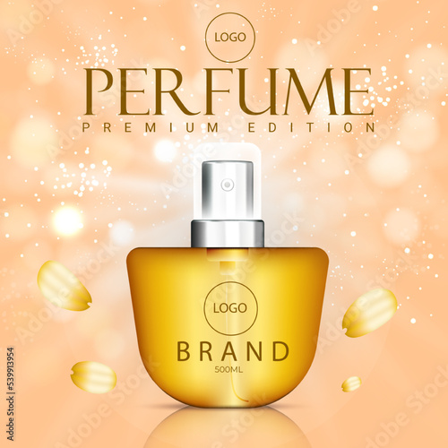 Organic cosmetic poster concept with perfume bottle with petals
