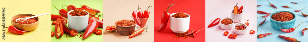Collection of chili pepper flakes on color background Collection of chili pepper flakes on color background