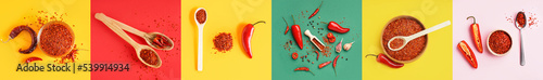Foto Collage of chili pepper flakes on color background, top view