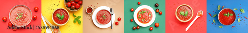 Fotografie Collage of bowls with tasty tomato soup on color background, top view