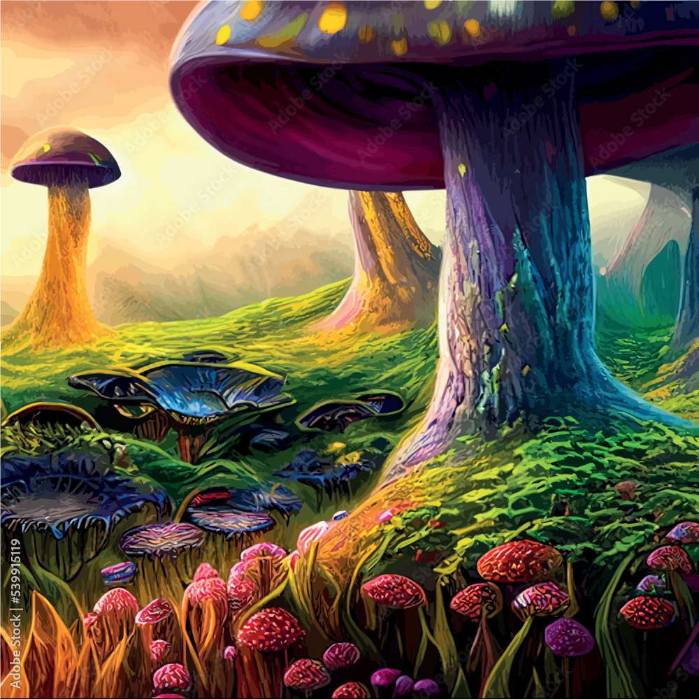 surreal mushroom landscape, fantasy wonderland landscape with mushrooms ...