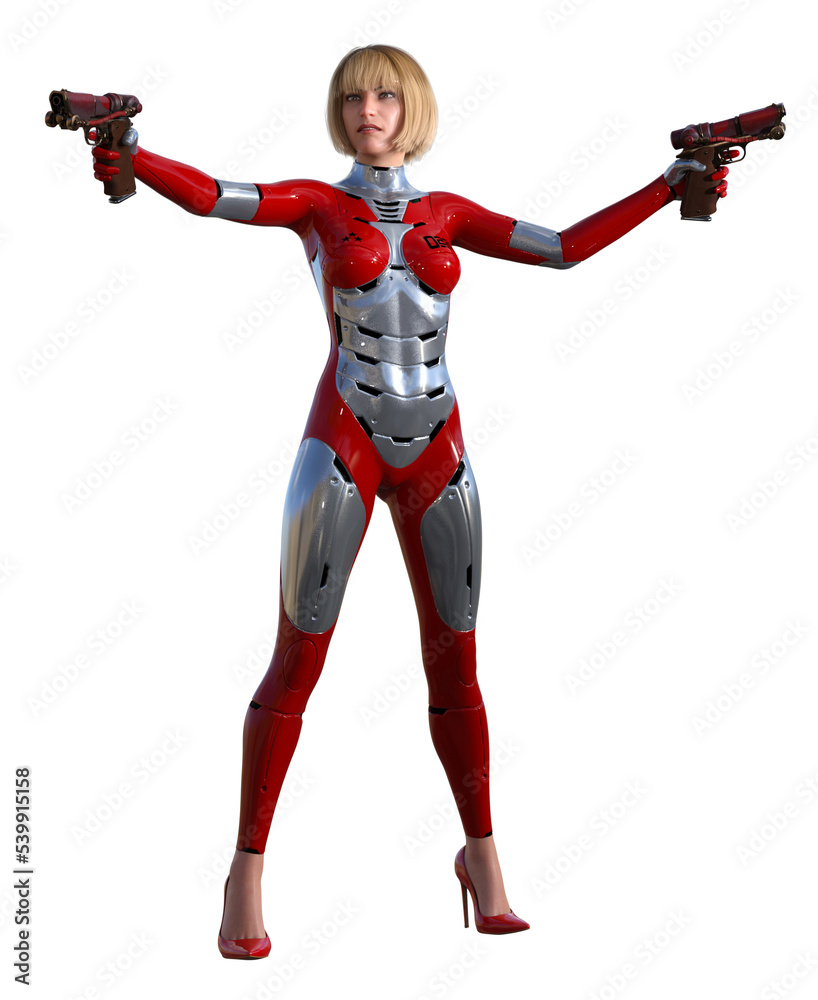 futuristic warrior woman in a red and silver suit, armed with guns, 3d render futuristic warrior woman in a red and silver suit, armed with guns, 3d render