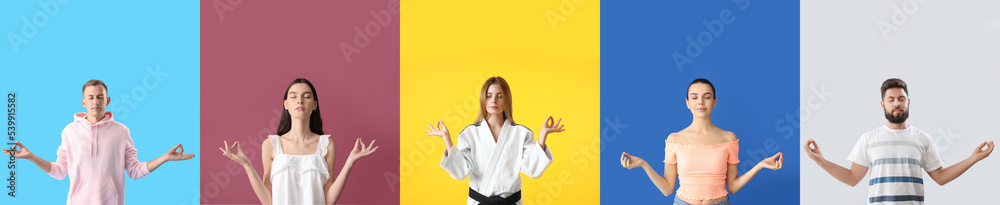 Set of meditating people on color background
