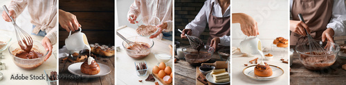 Collage of woman cooking traditional Christmas desserts in kitchen
