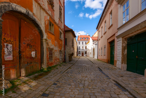 bratislava  slovakia - oct 16  2019  cobblestone streets of the slovakian capital. cozzy paces in the city center. beautiful architecture on a sunny day